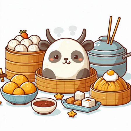 Illustration of a Panda Eating a Steamed Dumpling with Chinese Dessertのイラスト素材