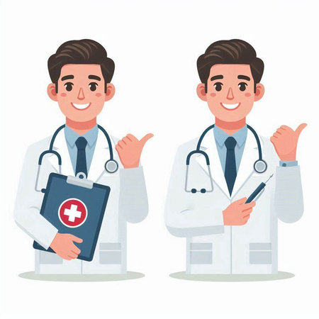 Male doctor character with stethoscope and clipboard. Vector illustration in cartoon styleのイラスト素材