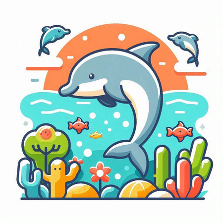 Cute dolphin swimming in the sea. Vector flat cartoon illustration.のイラスト素材