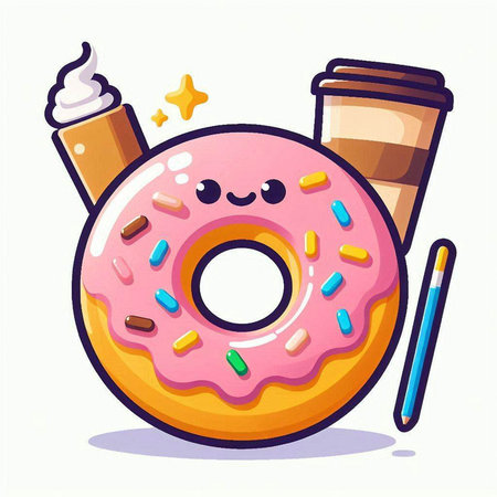Cute cartoon donut with coffee cup and pencil. Vector illustration.のイラスト素材