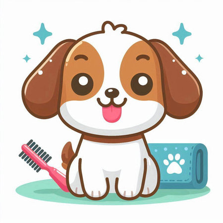 Cute cartoon dog with toothbrush and towel. Vector illustration.のイラスト素材