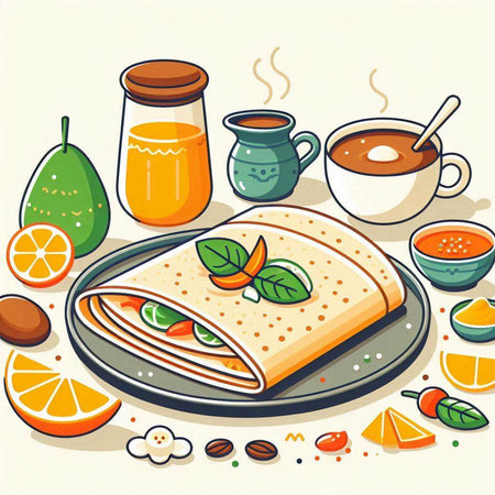 Illustration of a freshly baked crepe with orange and mint.のイラスト素材
