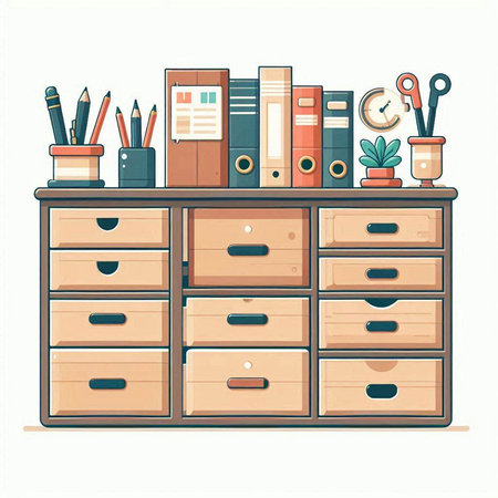 Office cabinet with books and stationery. Vector illustration in flat styleのイラスト素材