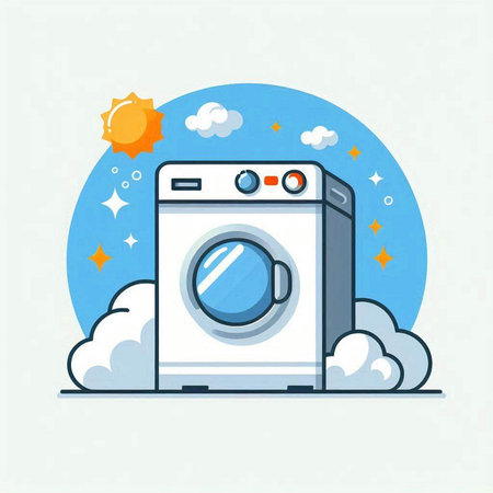 Washing machine with cloud and sun. Flat style vector illustration.のイラスト素材