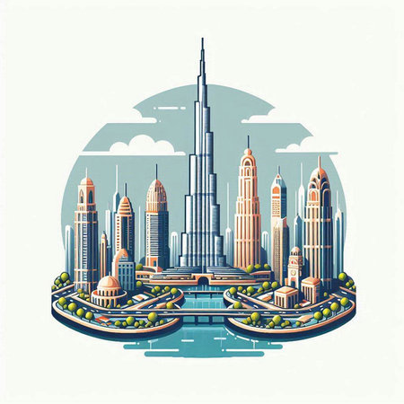 Dubai skyline, United Arab Emirates, vector illustration in flat styleのイラスト素材