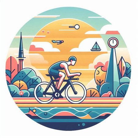 Cyclist riding bicycle in the park. Flat vector illustration.のイラスト素材