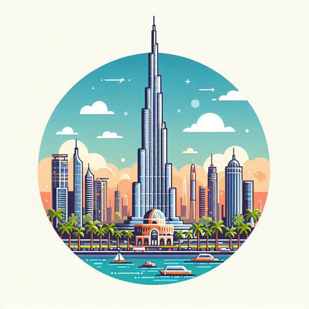 Dubai skyline in flat style. Vector illustration. Dubai, United Arab Emirates.のイラスト素材