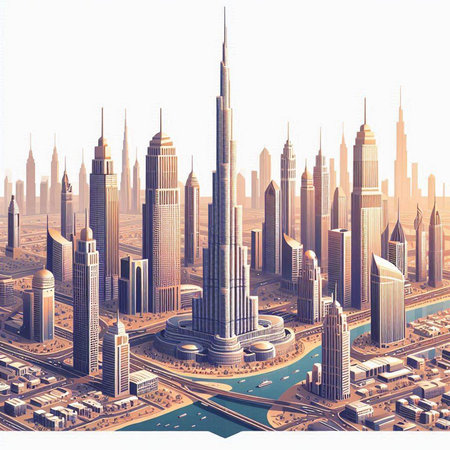 illustration of Dubai city skyline with skyscrapers and roads, UAEのイラスト素材
