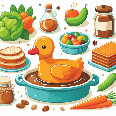 Illustration of a duck in a saucepan surrounded by food.のイラスト素材