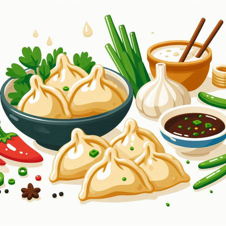 Vector illustration of Chinese dumplings with soy sauce and herbs.のイラスト素材
