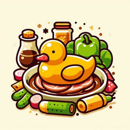 Illustration of a chicken and vegetables on a plate with sauce.のイラスト素材