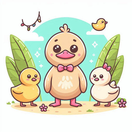 Vector illustration of Cute cartoon duck with chicks in the garden.のイラスト素材