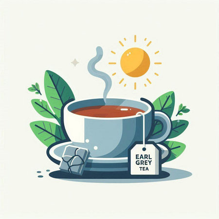 Cup of tea with label. Vector illustration in flat style.のイラスト素材