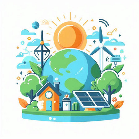 Ecology concept with green energy, solar panels, windmills and house. Vector illustrationのイラスト素材