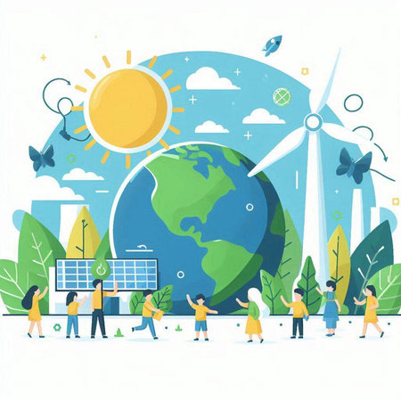 Eco friendly concept vector illustration. People standing near the globe and holding hands.のイラスト素材