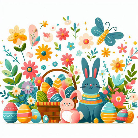Easter bunny and basket of eggs with flowers. Vector illustration.のイラスト素材
