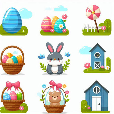 cartoon easter icon set with eggs in basket and rabbit vector illustrationのイラスト素材