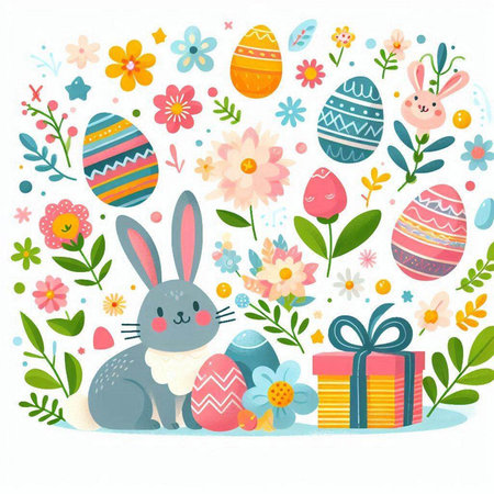 Easter background with bunny, eggs, flowers and gift box.のイラスト素材