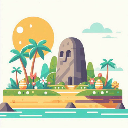 Tropical island with palm trees and rocks. Flat vector illustrationのイラスト素材