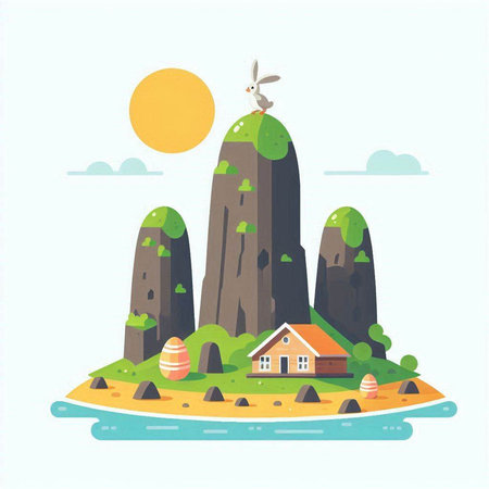 Vector illustration of a cartoon island with a house and a windmillのイラスト素材