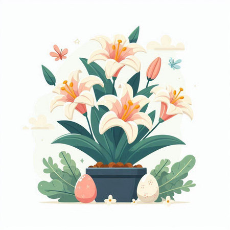 Easter background with lily flowers and eggs. Vector illustration.のイラスト素材