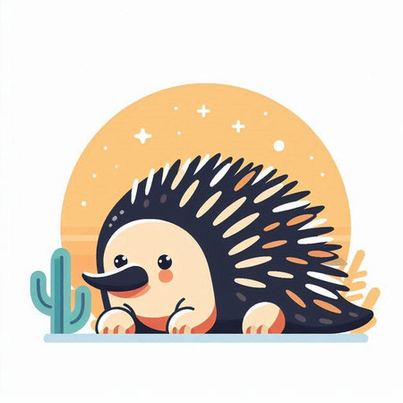Cute hedgehog with cactus in the desert. Vector illustrationのイラスト素材