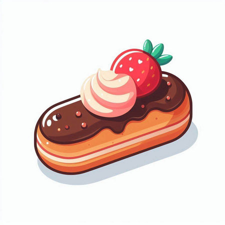 Chocolate eclair with strawberry isolated on white background. Vector illustrationのイラスト素材