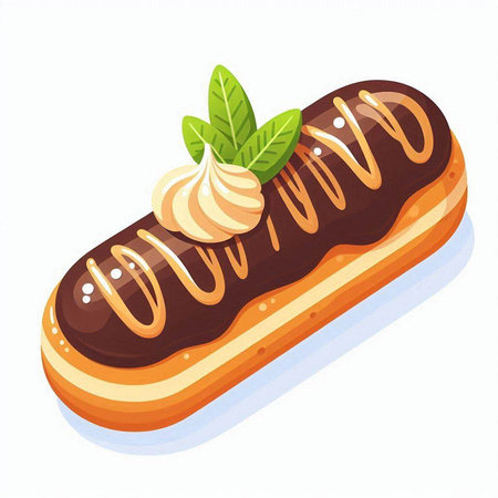 Chocolate eclair with whipped cream and mint. Vector illustration.のイラスト素材