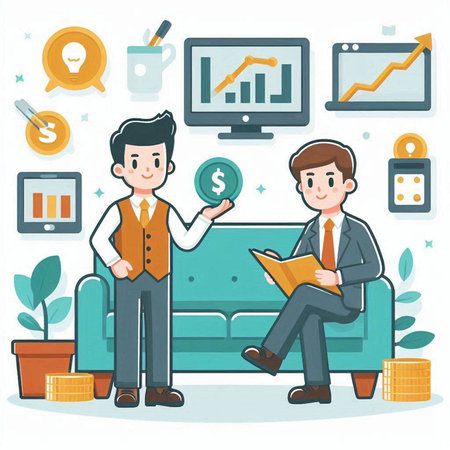 Businessman and businessman sitting on sofa and reading a book. Vector illustration.のイラスト素材