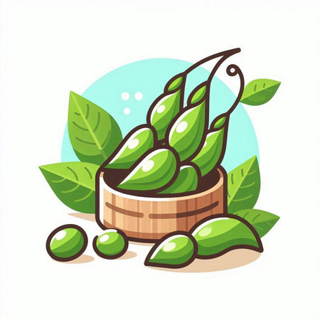 Soybean pods with green leaves in wooden bowl. Vector illustration.のイラスト素材