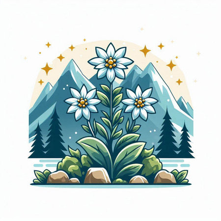 Mountain landscape with flowers. Vector illustration in a flat style.のイラスト素材