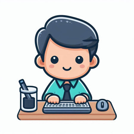 businessman working on computer, cute cartoon character design, vector illustrationのイラスト素材
