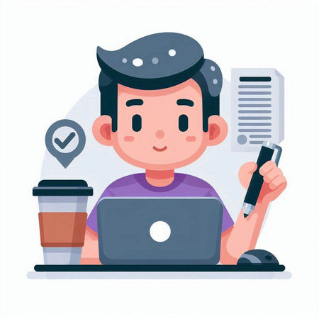 Young man working on laptop at office. Vector flat cartoon illustration.のイラスト素材