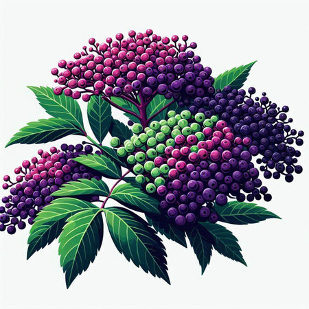 Bunch of elderberry with green leaves and berries. Vector illustration.のイラスト素材