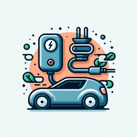 Electric car and electrical plug. Vector illustration in thin line style.のイラスト素材