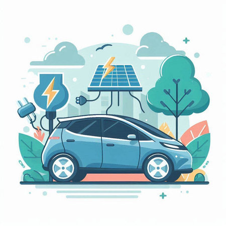 Electric car charging with solar panels. Alternative energy concept. Vector illustration.のイラスト素材