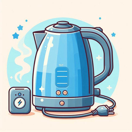 Electric kettle with electric plug and two speakers. Vector illustration in cartoon style.のイラスト素材