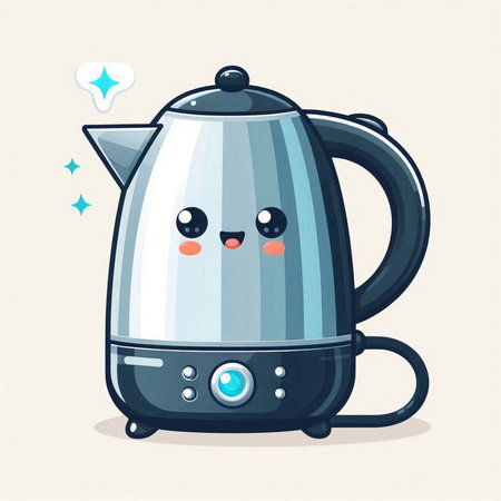 Kawaii electric kettle. Cute kawaii kawaii electric kettle. Vector illustration.のイラスト素材