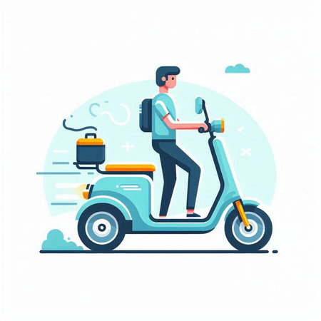 Man riding a scooter. Vector illustration in a flat style.のイラスト素材
