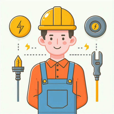 Vector illustration of electrician in yellow helmet and blue overalls.のイラスト素材