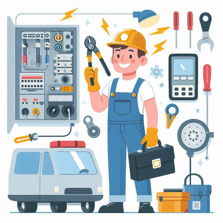 Repairman with tools and equipment. Vector illustration in cartoon styleのイラスト素材