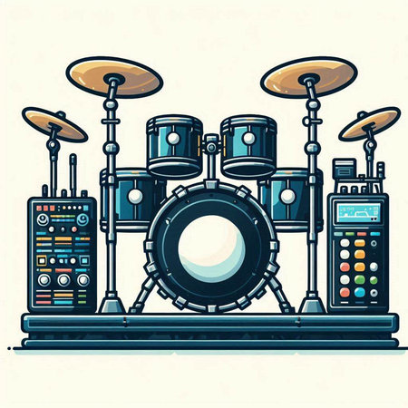 Drum set on a white background. Vector illustration in retro style.のイラスト素材