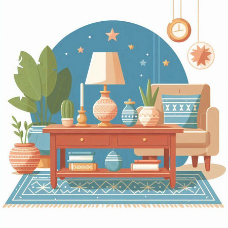 Living room interior with furniture, armchair, books, potted plants, lamp, nightstand. Vector illustration.のイラスト素材
