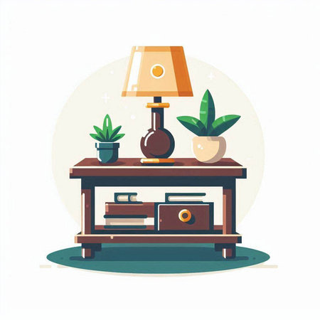 Bedside table with lamp and books. Flat style vector illustration.のイラスト素材