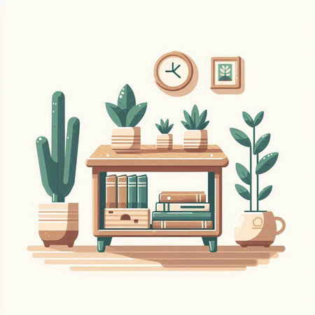 Bookshelf with books and plants in flat style. Vector illustrationのイラスト素材