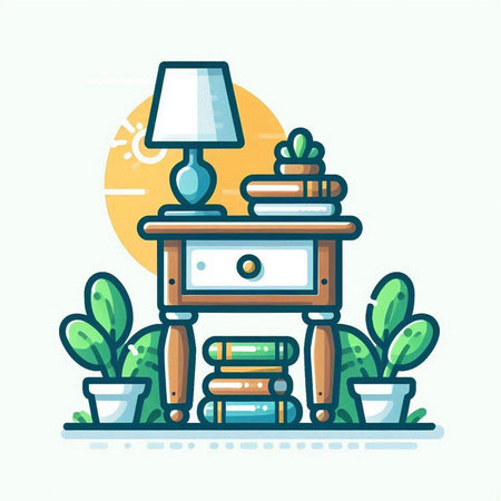 Illustration of a nightstand with books, lamp and plants.のイラスト素材