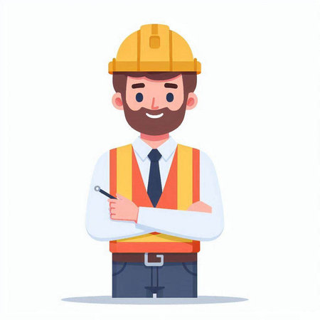 Construction worker in helmet and vest. Vector illustration in a flat styleのイラスト素材