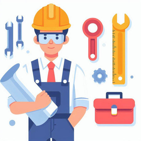 Architect or engineer in helmet with tools. Vector flat illustration.のイラスト素材
