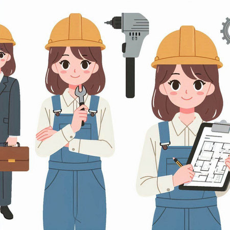 Women in workwear with tools on white background. Vector illustration.のイラスト素材