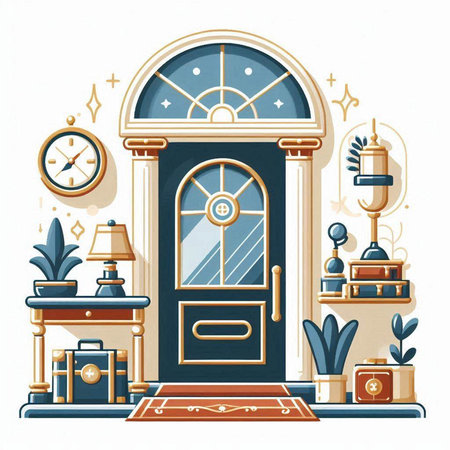 Vector illustration of a vintage door in retro style with furniture and accessoriesのイラスト素材
